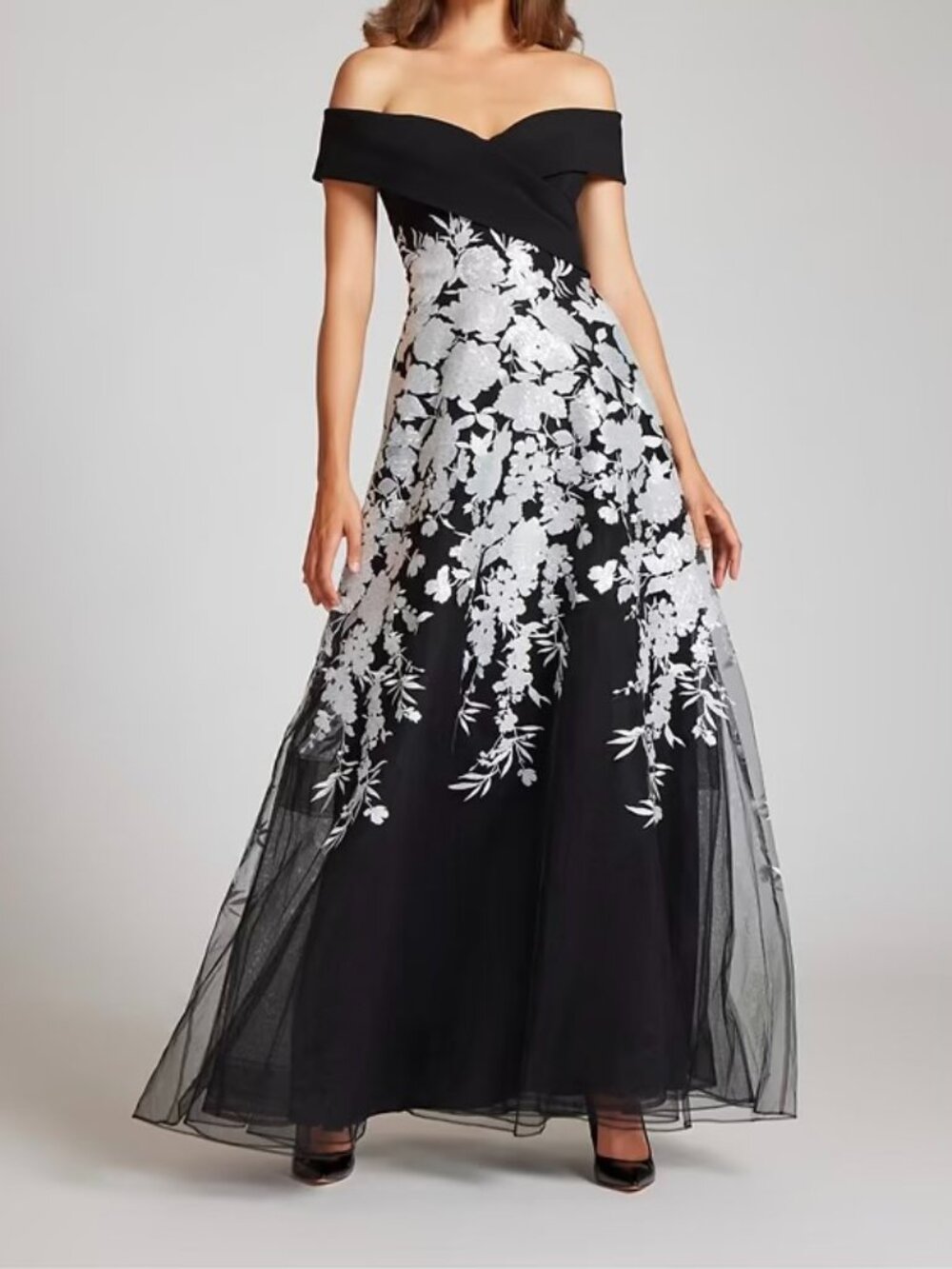 NWT Crepe Gown Black-Silver Off The Shoulder Rickie Freeman for Teri Jon Sz 12